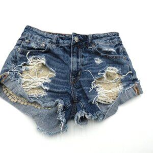 American Eagle Shorts Womens Sz‎ 0 Hi Rise Festival Distressed Denim Lace Insets